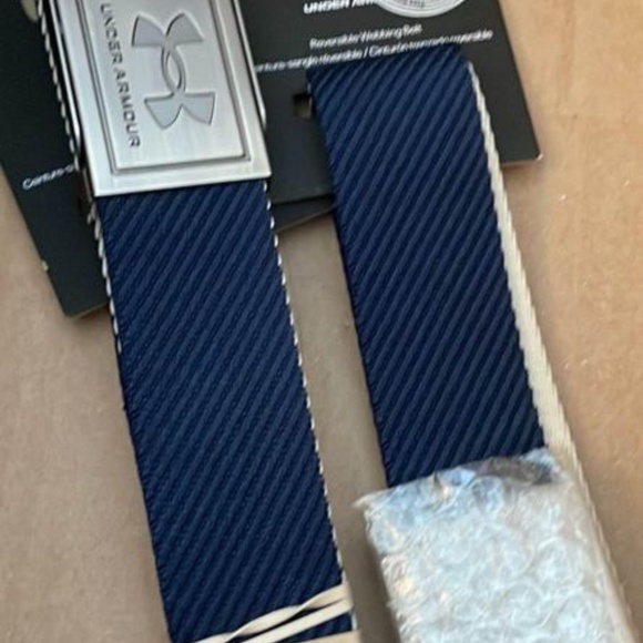 BRAND NEW men under armour golf webbing adjustable reversible navy / khahi belt - Picture 5 of 8